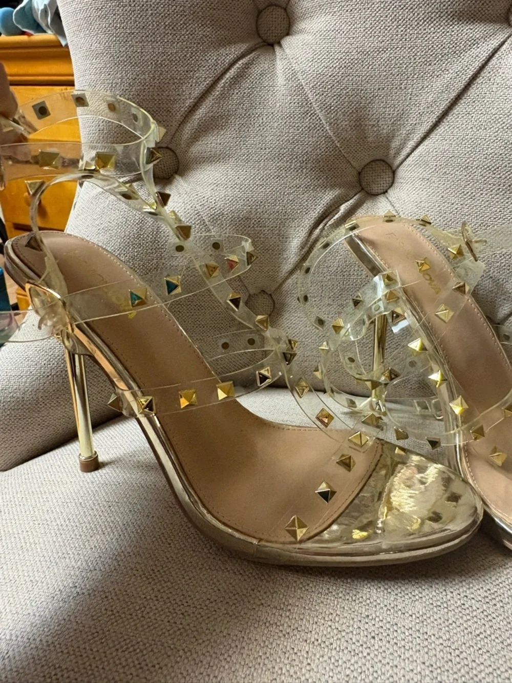 Fashion Nova clear/studded Women's Sandals in Nude/Gold